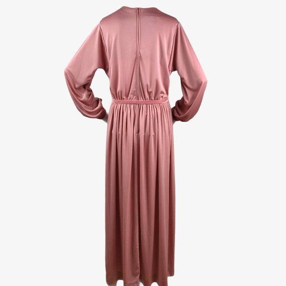 Vintage 1970s Rose Pink Slinky Maxi Dress Hostess Gown Grecian Drape Gathered M - Picture 10 of 14